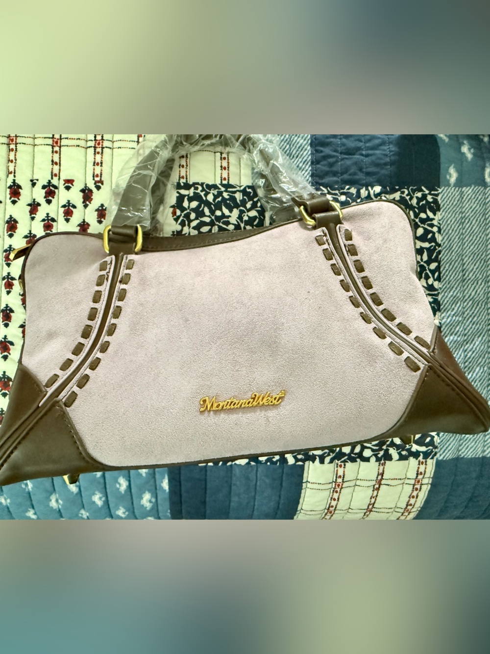 Montana West Lavender Suede Shoulder Bag with Brown Trim and Gold Hardware